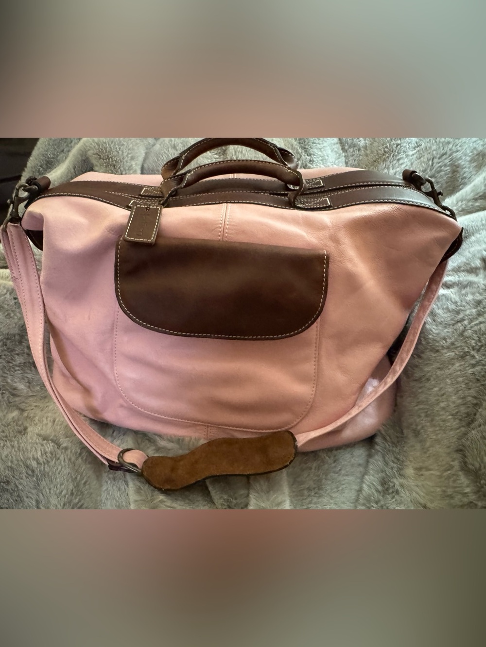 Latico Pink Cowhide Leather Satchel Tan Dual Top Handles Handbag